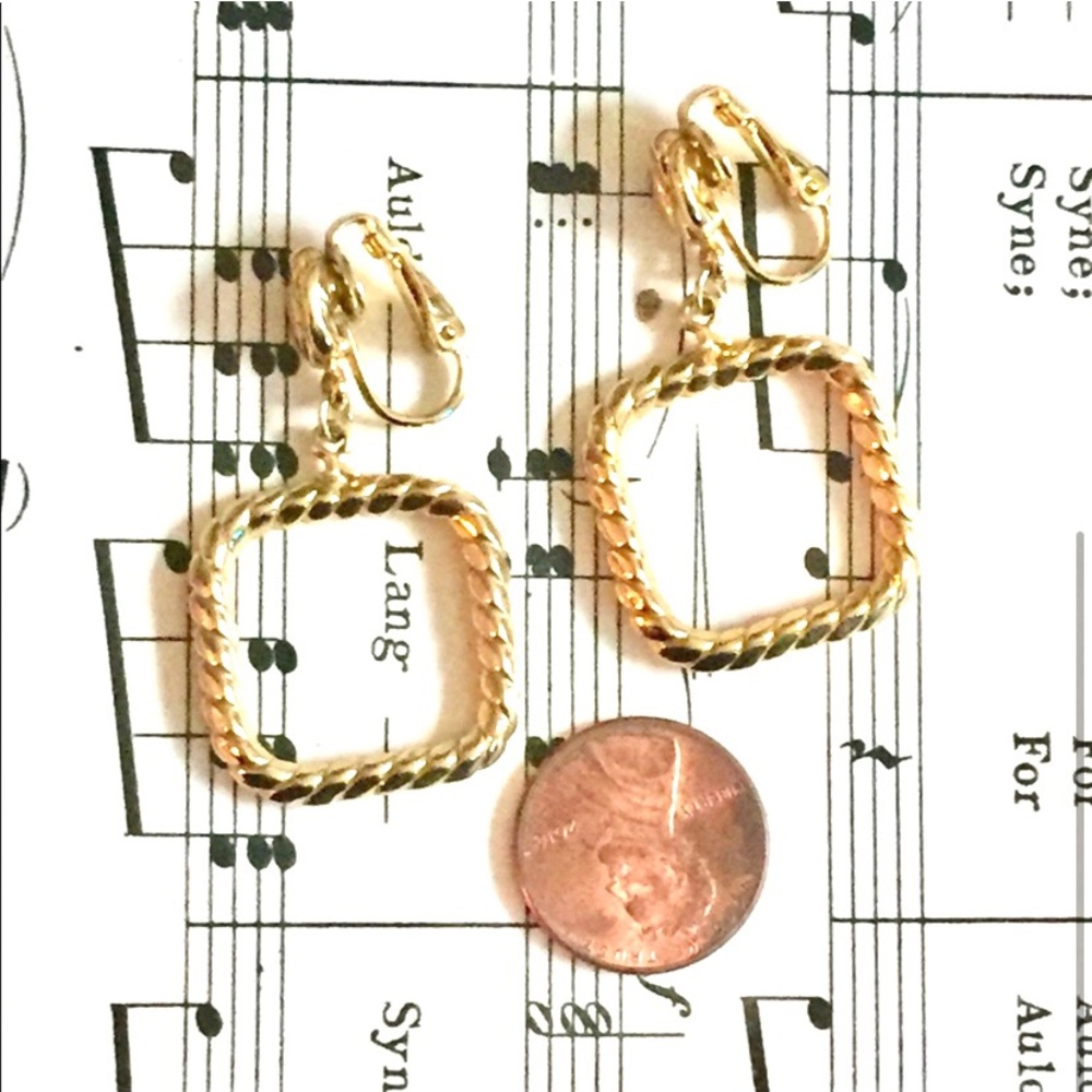 Vintage gold square dangle earrings clip on - Picture 3 of 4
